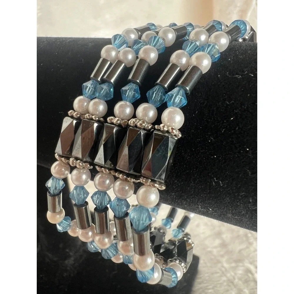 Hematite Wrap Bracelet Magnetic Beaded Multi Strand Faux Pearl Blue‎ Crystal